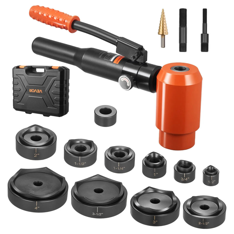 VEVOR hidrauliskais caurumu izsišanas komplekts 147,1 kN, caurumu izveides instrumentu komplekts 12,7–101,6 mm ar 10 matricām metāla elektroinstalācijas, vadības un sadales skapjiem