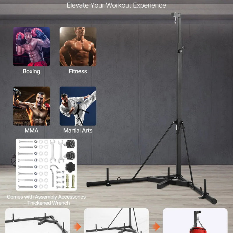 Izturīga boksa maisa statīvs – tērauda konstrukcija ar regulējamu augstumu fitnesam