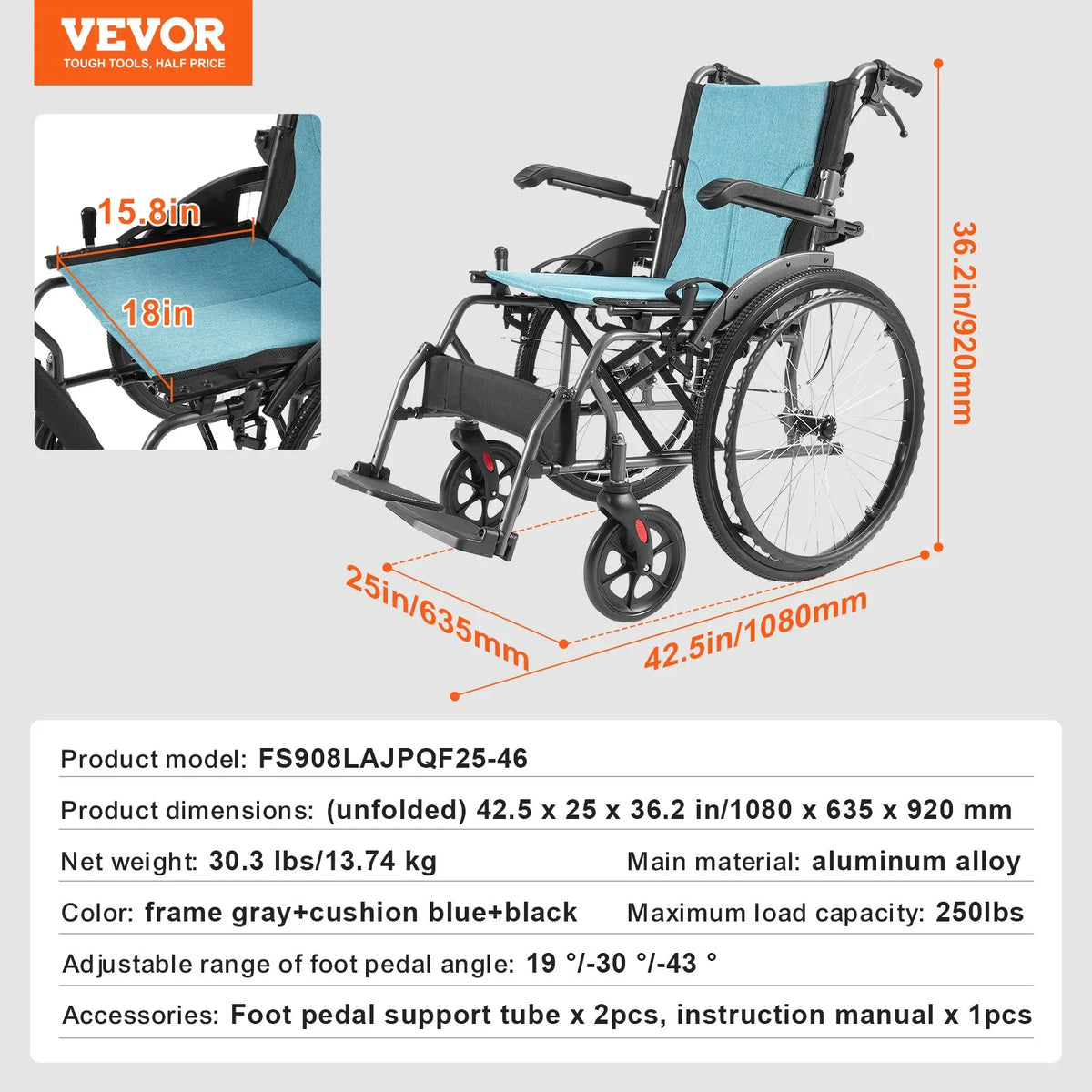 VEVOR viegls alumīnija ratiņkrēsls ar atlokāmiem galda tipa roku balstiem, 3 pozīcijās regulējamiem kāju balstiem, 45,7 cm sēdekļa platums, kravnesība 113 kg - ZEMLETES.LV