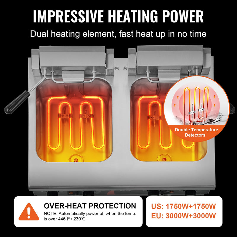 Komerciālā elektriskā friteze, 3000 W, dubultā tvertne, 2×8.5 l, galda modelis