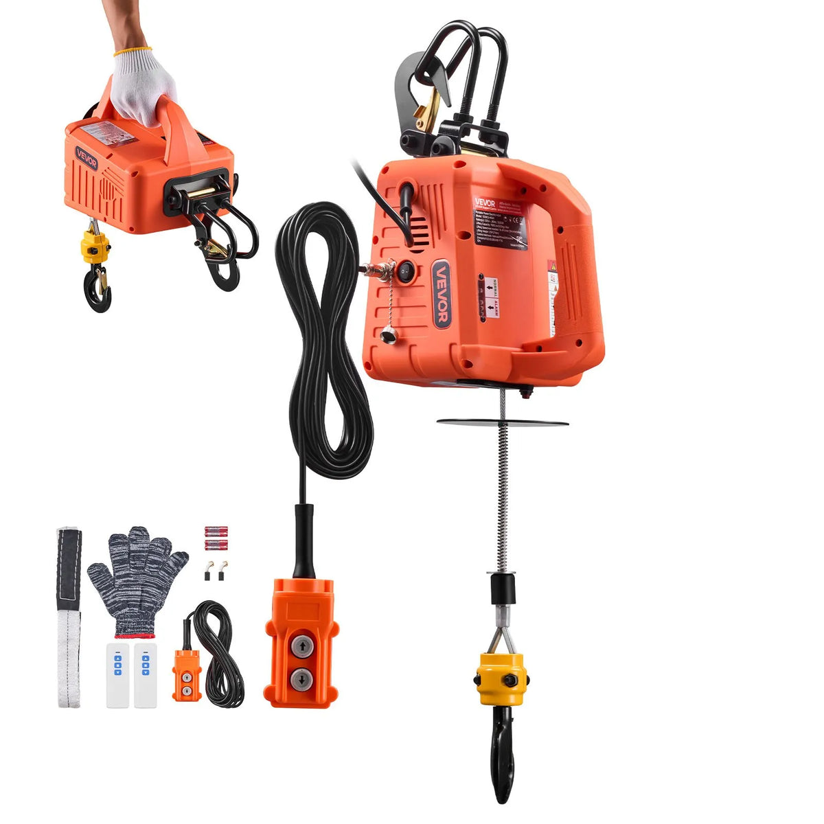 VEVOR 3 vienā elektriskais vinčas pacēlājs, 500 kg kapacitāte, 1500 W pārnēsājams elektriskais vinčas krāns, pacelšanas augstums 7,6 m, ātrums 5 m/min ar manuālo, vadu un bezvadu tālvadību rūpnīcai, noliktavai vai garāžai