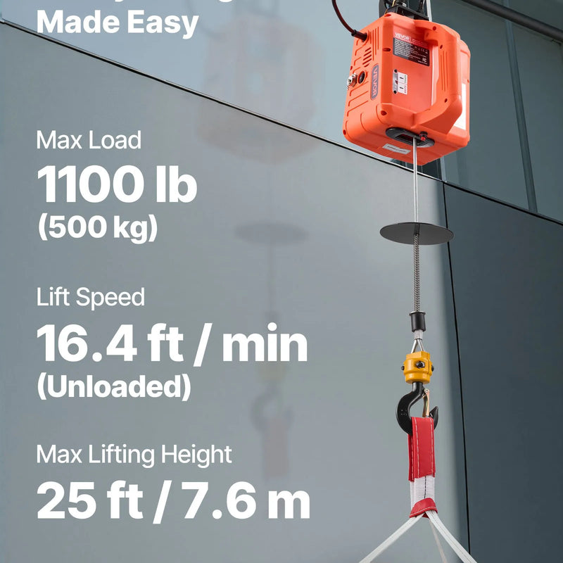 VEVOR 3 vienā elektriskais vinčas pacēlājs, 500 kg kapacitāte, 1500 W pārnēsājams elektriskais vinčas krāns, pacelšanas augstums 7,6 m, ātrums 5 m/min ar manuālo, vadu un bezvadu tālvadību rūpnīcai, noliktavai vai garāžai