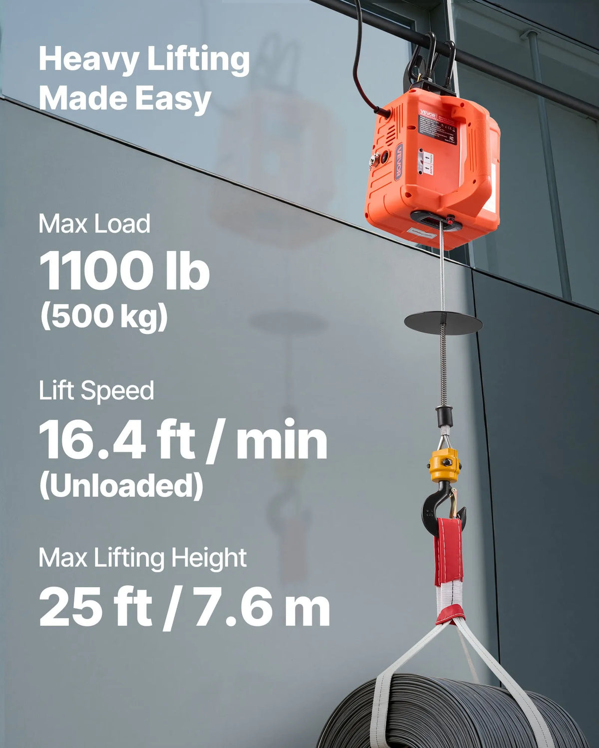 VEVOR 3 vienā elektriskais vinčas pacēlājs, 500 kg kapacitāte, 1500 W pārnēsājams elektriskais vinčas krāns, pacelšanas augstums 7,6 m, ātrums 5 m/min ar manuālo, vadu un bezvadu tālvadību rūpnīcai, noliktavai vai garāžai