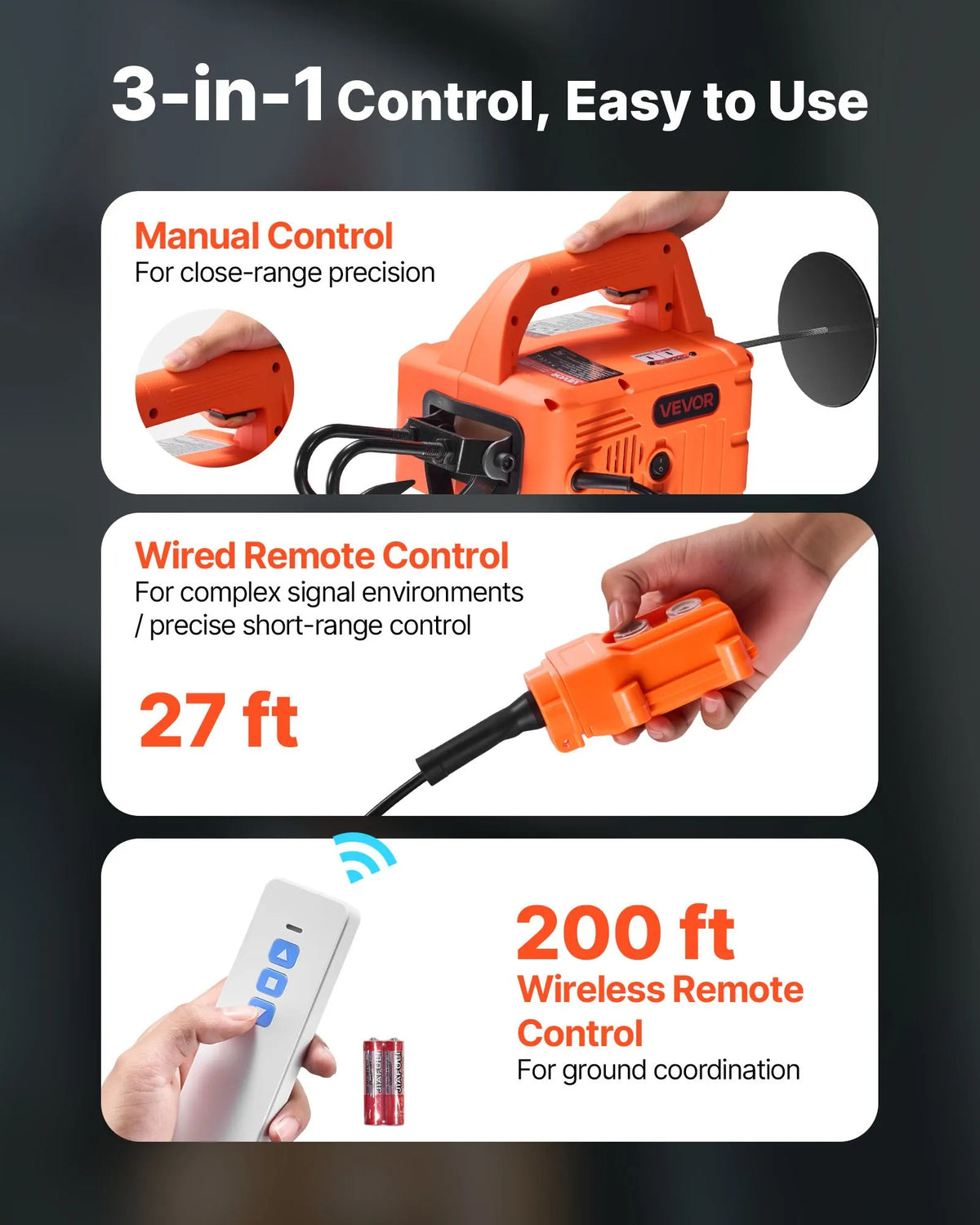 VEVOR 3 vienā elektriskais vinčas pacēlājs, 500 kg kapacitāte, 1500 W pārnēsājams elektriskais vinčas krāns, pacelšanas augstums 7,6 m, ātrums 5 m/min ar manuālo, vadu un bezvadu tālvadību rūpnīcai, noliktavai vai garāžai