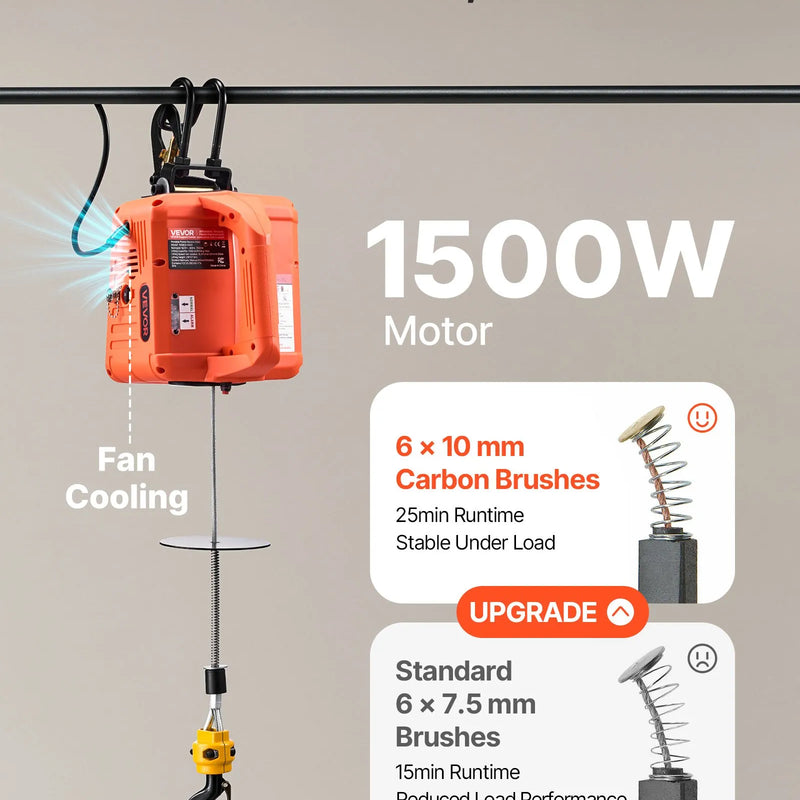VEVOR 3 vienā elektriskais vinčas pacēlājs, 500 kg kapacitāte, 1500 W pārnēsājams elektriskais vinčas krāns, pacelšanas augstums 7,6 m, ātrums 5 m/min ar manuālo, vadu un bezvadu tālvadību rūpnīcai, noliktavai vai garāžai