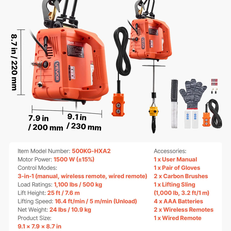VEVOR 3 vienā elektriskais vinčas pacēlājs, 500 kg kapacitāte, 1500 W pārnēsājams elektriskais vinčas krāns, pacelšanas augstums 7,6 m, ātrums 5 m/min ar manuālo, vadu un bezvadu tālvadību rūpnīcai, noliktavai vai garāžai