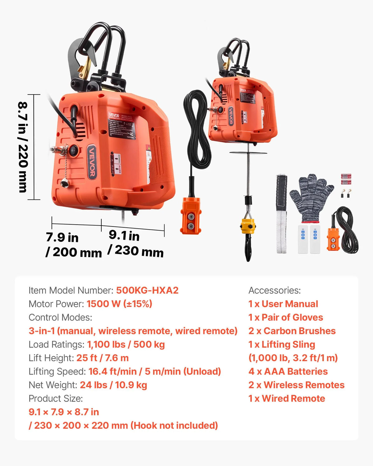 VEVOR 3 vienā elektriskais vinčas pacēlājs, 500 kg kapacitāte, 1500 W pārnēsājams elektriskais vinčas krāns, pacelšanas augstums 7,6 m, ātrums 5 m/min ar manuālo, vadu un bezvadu tālvadību rūpnīcai, noliktavai vai garāžai