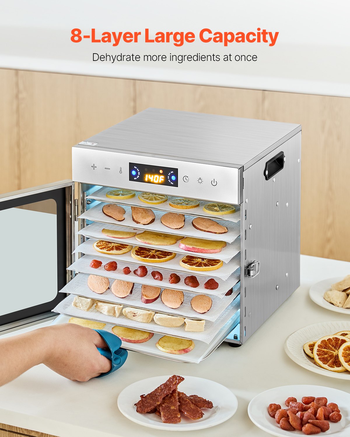 VEVOR pārtikas dehidrators 400 W ar 8 paplātēm, nerūsējošā tērauda
