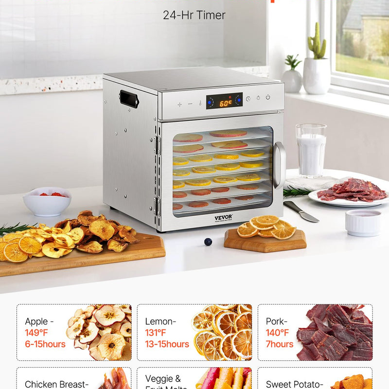 VEVOR pārtikas dehidrators ar 8 paplātēm, 400 W, nerūsējošais tērauds