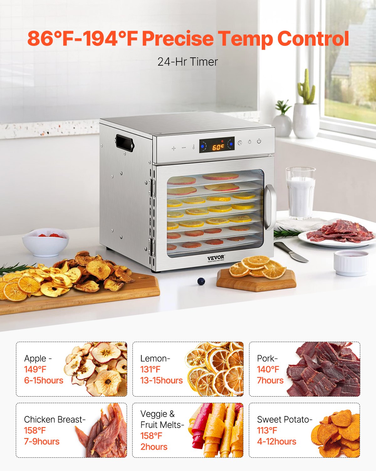 VEVOR pārtikas dehidrators 400 W ar 8 paplātēm, nerūsējošā tērauda