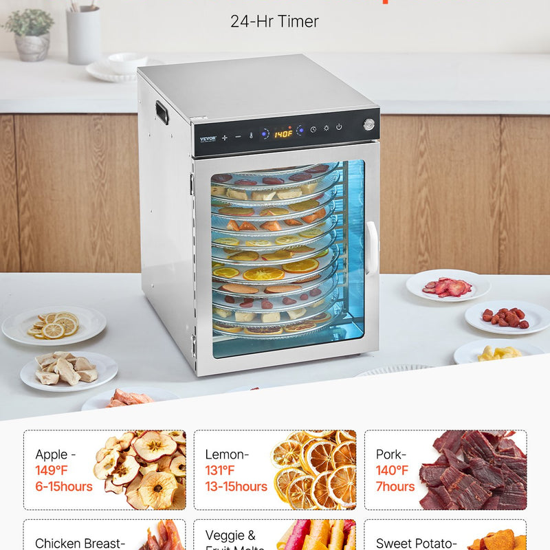 VEVOR 12 trauku rotējošais pārtikas žāvētājs, 800W, nerūsējošais tērauds