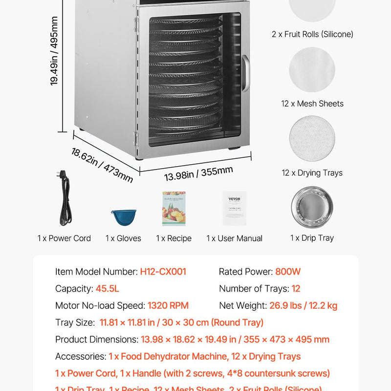 VEVOR 12 trauku rotējošais pārtikas žāvētājs, 800W, nerūsējošais tērauds