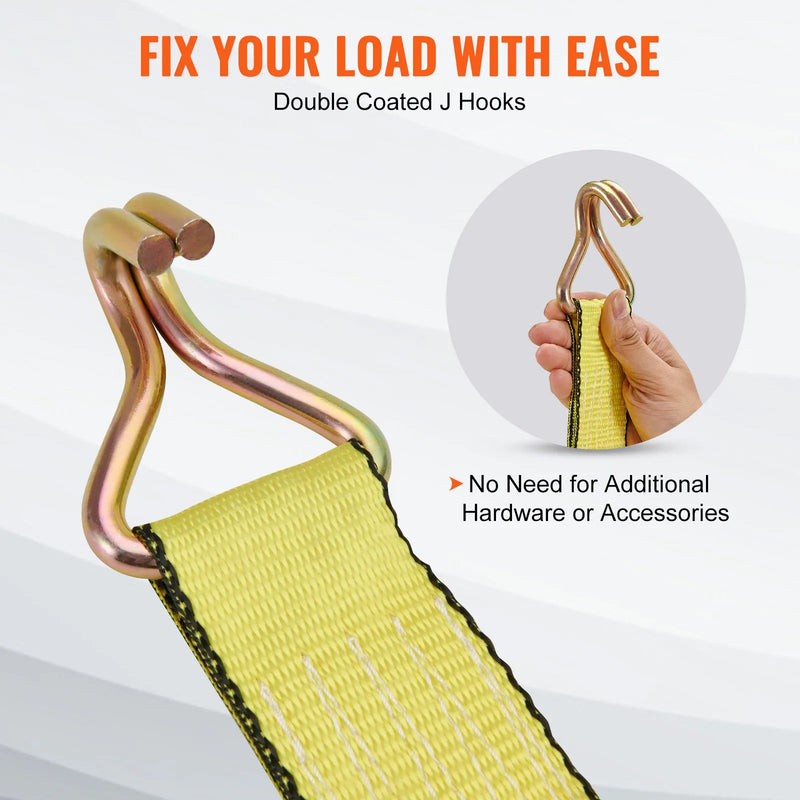 Sprūdrata kravas stiprinājuma siksnu komplekts (4 gab.), 2268 kg pārrāvuma slodze, dubultie J āķi, 50 mm x 4,57 m augstākās kvalitātes siksnas ar polsterētiem rokturiem kravas, sadzīves tehnikas un dārza tehnikas drošai nostiprināšanai un pārvietošanai