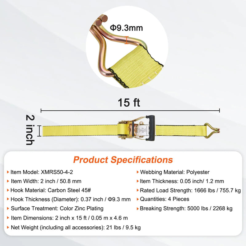 Sprūdrata kravas stiprinājuma siksnu komplekts (4 gab.), 2268 kg pārrāvuma slodze, dubultie J āķi, 50 mm x 4,57 m augstākās kvalitātes siksnas ar polsterētiem rokturiem kravas, sadzīves tehnikas un dārza tehnikas drošai nostiprināšanai un pārvietošanai