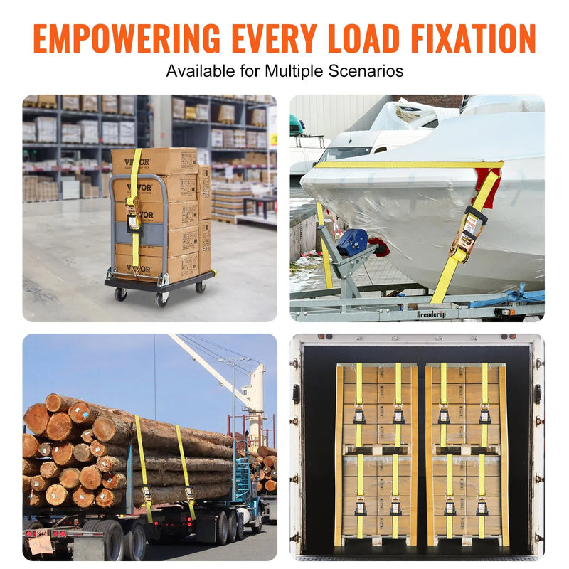 Sprūdrata kravas nostiprināšanas siksnu komplekts, 4 gab., 4 536 kg pārrāvuma izturība, dubultie J āķi, 50,8 mm x 8,23 m siksnas ar polsterētiem rokturiem kravu, sadzīves tehnikas un dārza tehnikas drošai nostiprināšanai