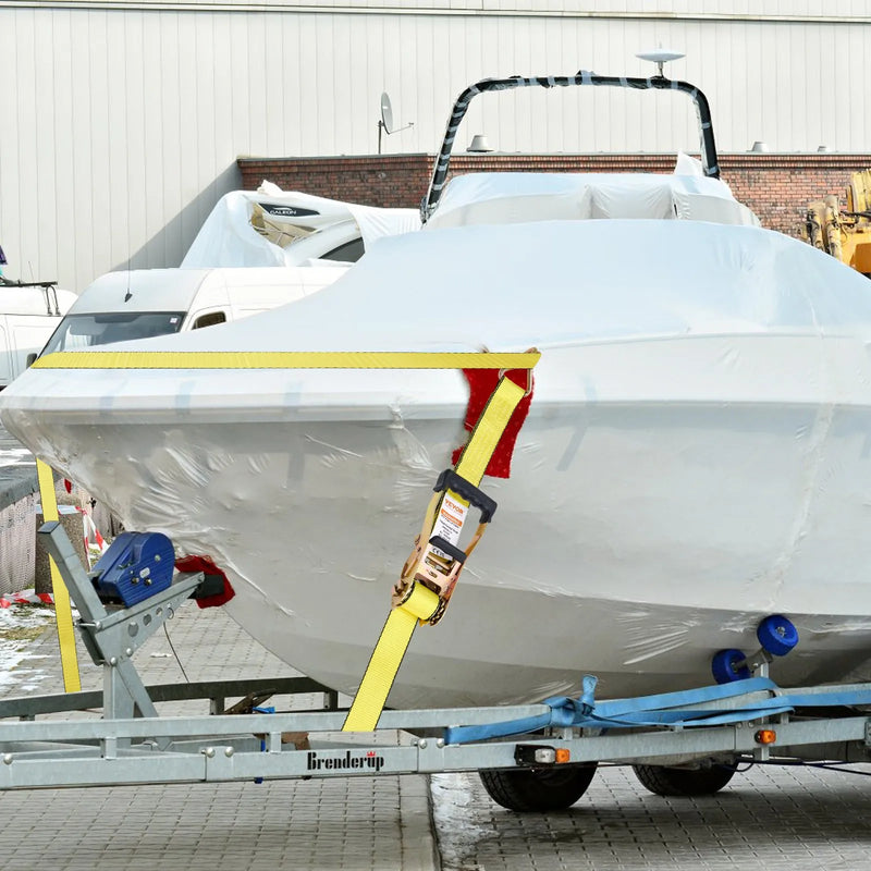 Sprūdrata kravas nostiprināšanas siksnu komplekts, 4 gab., 4 536 kg pārrāvuma izturība, dubultie J āķi, 50,8 mm x 8,23 m siksnas ar polsterētiem rokturiem kravu, sadzīves tehnikas un dārza tehnikas drošai nostiprināšanai