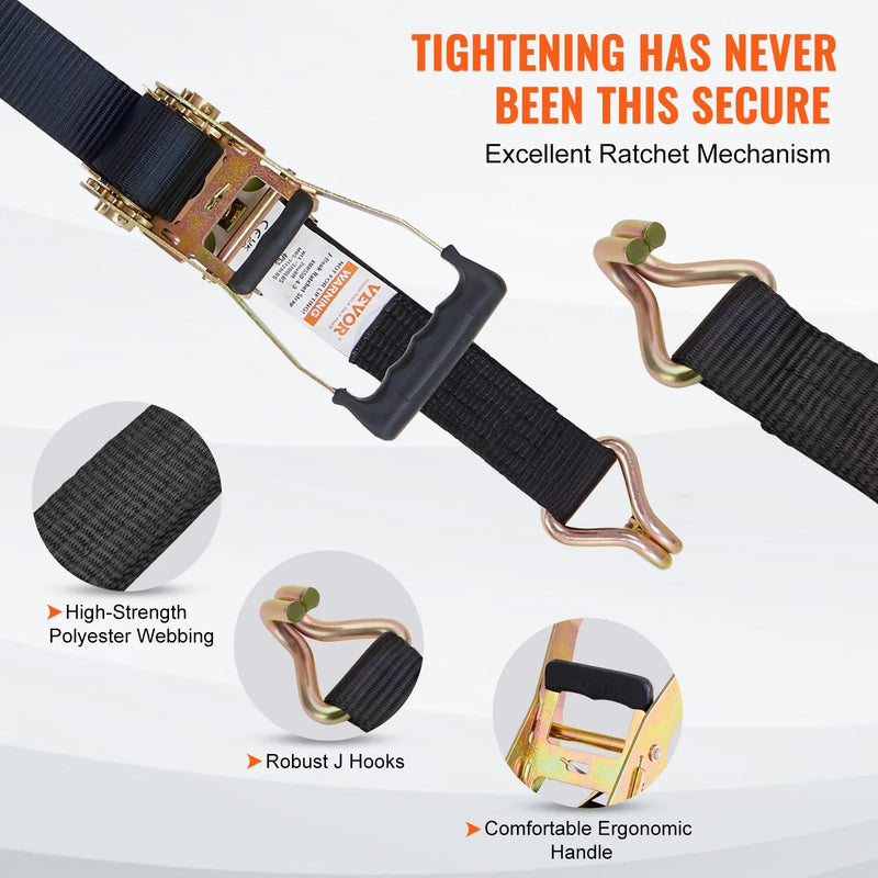 Sprūdrata stiprinājuma siksnu komplekts 4 gab., pārrāvuma izturība 5050 kg, dubultie J āķi, 50,8 mm x 2,44 m poliestera siksnas ar polsterētiem rokturiem kravas, tehnikas un aprīkojuma nostiprināšanai un pārvadāšanai