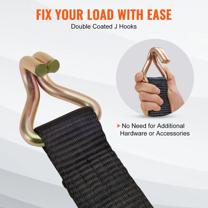 Sprūdrata stiprinājuma siksnu komplekts 4 gab., pārrāvuma izturība 5050 kg, dubultie J āķi, 50,8 mm x 2,44 m poliestera siksnas ar polsterētiem rokturiem kravas, tehnikas un aprīkojuma nostiprināšanai un pārvadāšanai