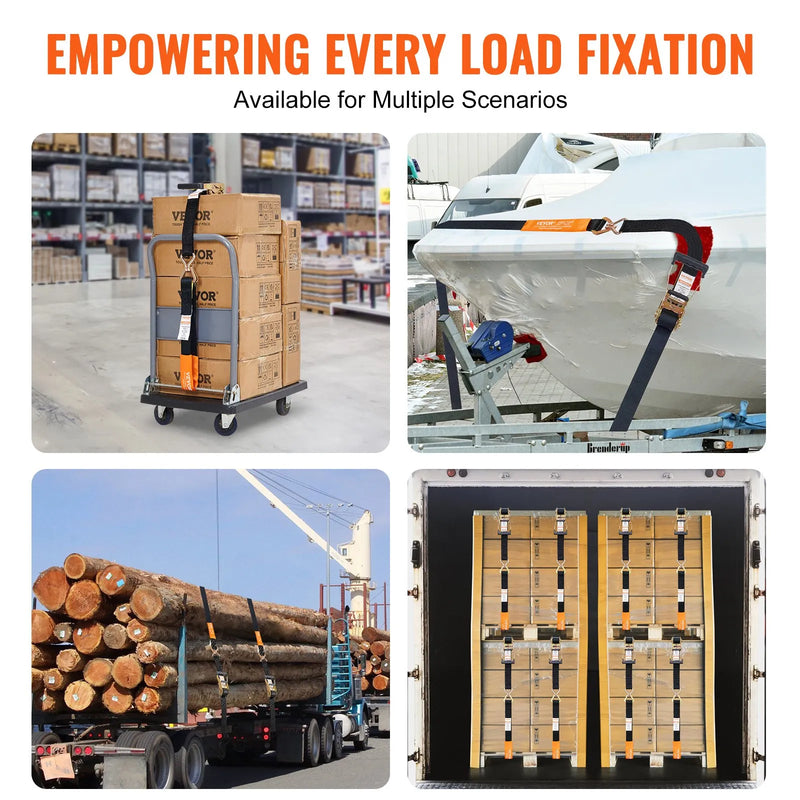 Sprūdrata stiprinājuma siksnu komplekts 4 gab., pārrāvuma izturība 5050 kg, dubultie J āķi, 50,8 mm x 2,44 m poliestera siksnas ar polsterētiem rokturiem kravas, tehnikas un aprīkojuma nostiprināšanai un pārvadāšanai