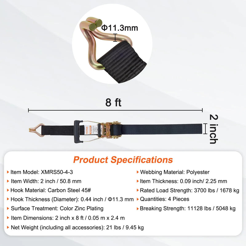 Sprūdrata stiprinājuma siksnu komplekts 4 gab., pārrāvuma izturība 5050 kg, dubultie J āķi, 50,8 mm x 2,44 m poliestera siksnas ar polsterētiem rokturiem kravas, tehnikas un aprīkojuma nostiprināšanai un pārvadāšanai