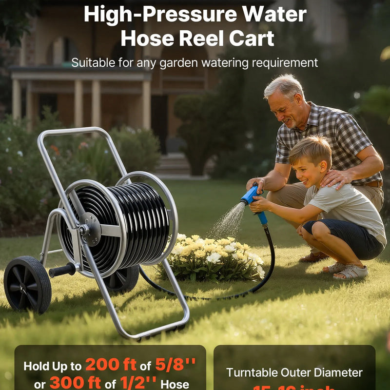 VEVOR dārza šļūtenes ruļļa ratiņi, augstspiediena šļūtenēm 60–90 m, ratiņi ar diviem riteņiem, rokturi un pastiprinātu sieta uzglabāšanas grozu, pārnēsājams šļūtenes turētājs dārzam, auto un mājdzīvnieku mazgāšanai