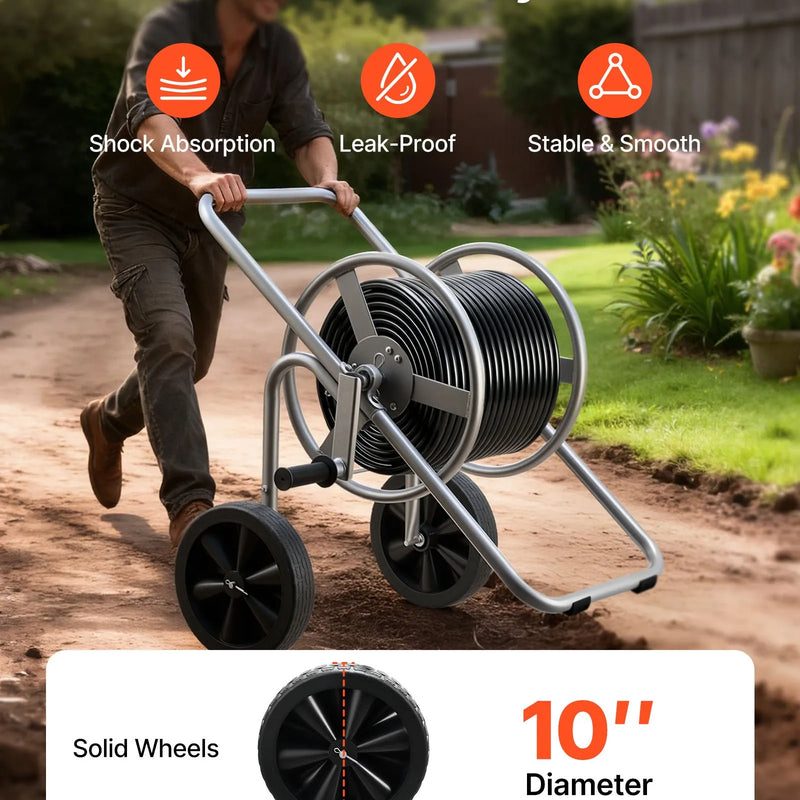 VEVOR dārza šļūtenes ruļļa ratiņi, augstspiediena šļūtenēm 60–90 m, ratiņi ar diviem riteņiem, rokturi un pastiprinātu sieta uzglabāšanas grozu, pārnēsājams šļūtenes turētājs dārzam, auto un mājdzīvnieku mazgāšanai