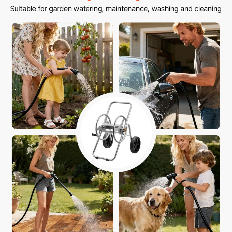 VEVOR dārza šļūtenes ruļļa ratiņi, augstspiediena šļūtenēm 60–90 m, ratiņi ar diviem riteņiem, rokturi un pastiprinātu sieta uzglabāšanas grozu, pārnēsājams šļūtenes turētājs dārzam, auto un mājdzīvnieku mazgāšanai