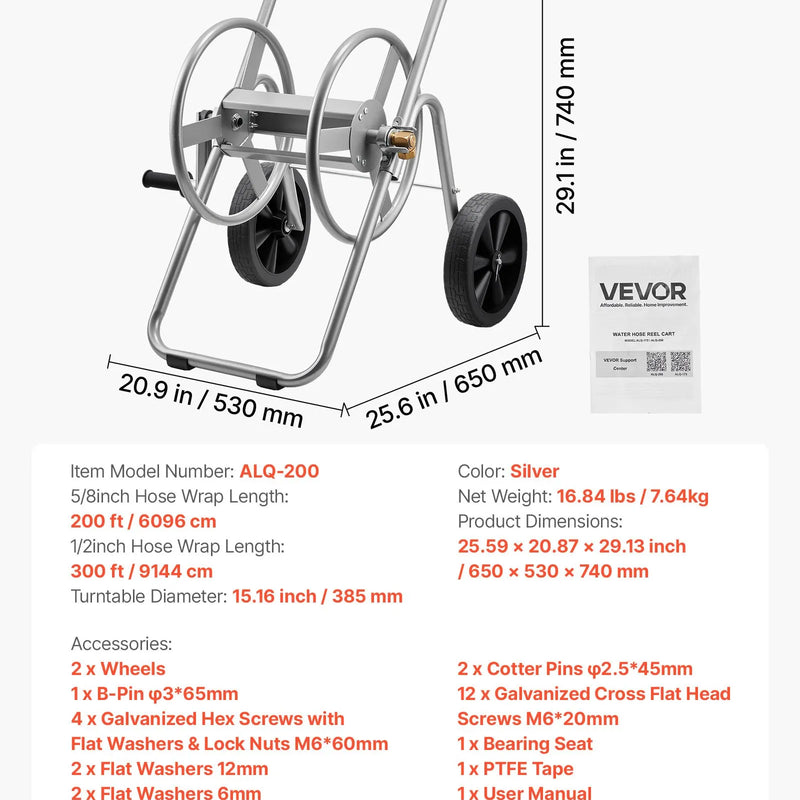 VEVOR dārza šļūtenes ruļļa ratiņi, augstspiediena šļūtenēm 60–90 m, ratiņi ar diviem riteņiem, rokturi un pastiprinātu sieta uzglabāšanas grozu, pārnēsājams šļūtenes turētājs dārzam, auto un mājdzīvnieku mazgāšanai