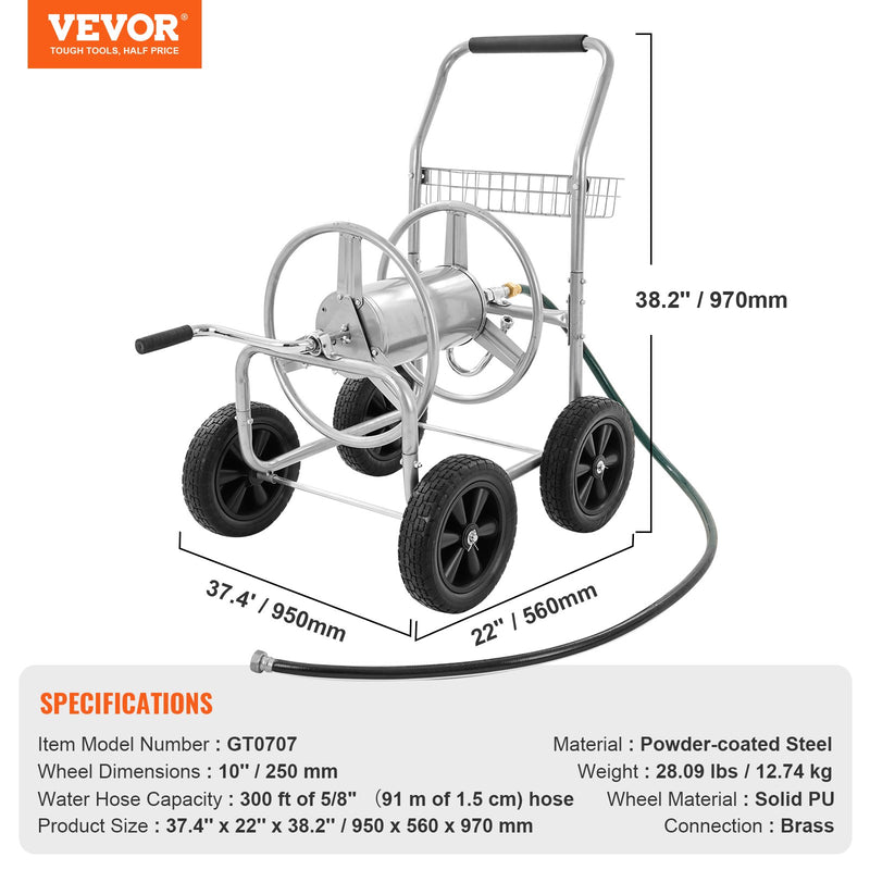 VEVOR Šļūtenes Ratiņi ar Uzglabāšanas Grozu, 1.5 cm & 91 m Šļūtenei, 4 Riteņi, Pulverkrāsots Tērauds