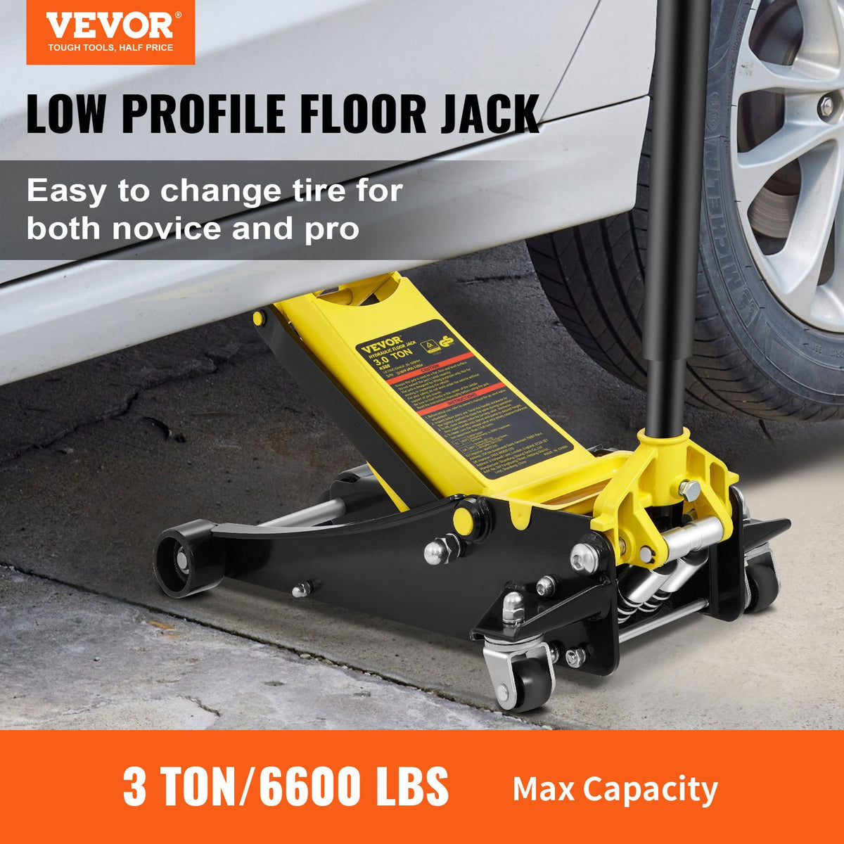 Low-profile floor jack 3 t, steel, dual-piston hydraulic pump