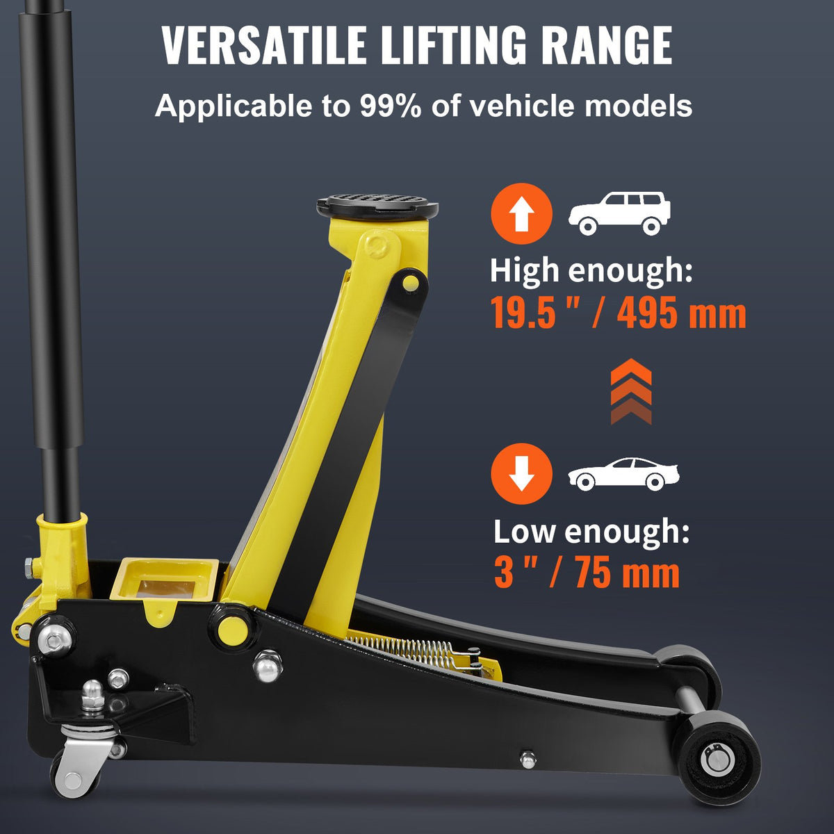 Low-profile floor jack 3 t, steel, dual-piston hydraulic pump