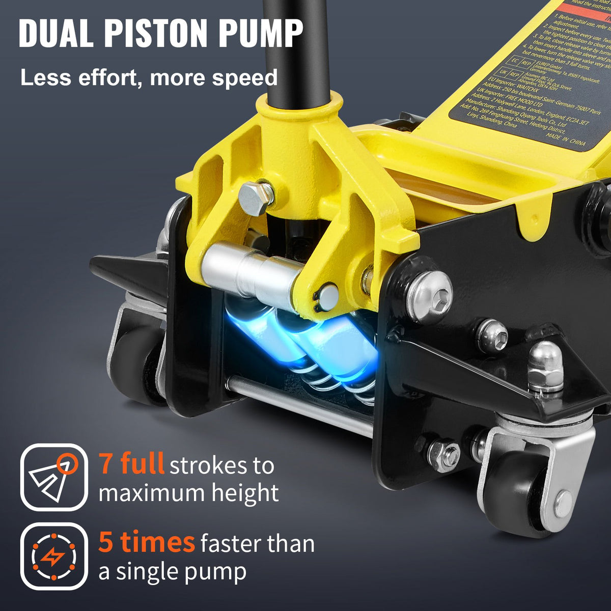 Low-profile floor jack 3 t, steel, dual-piston hydraulic pump