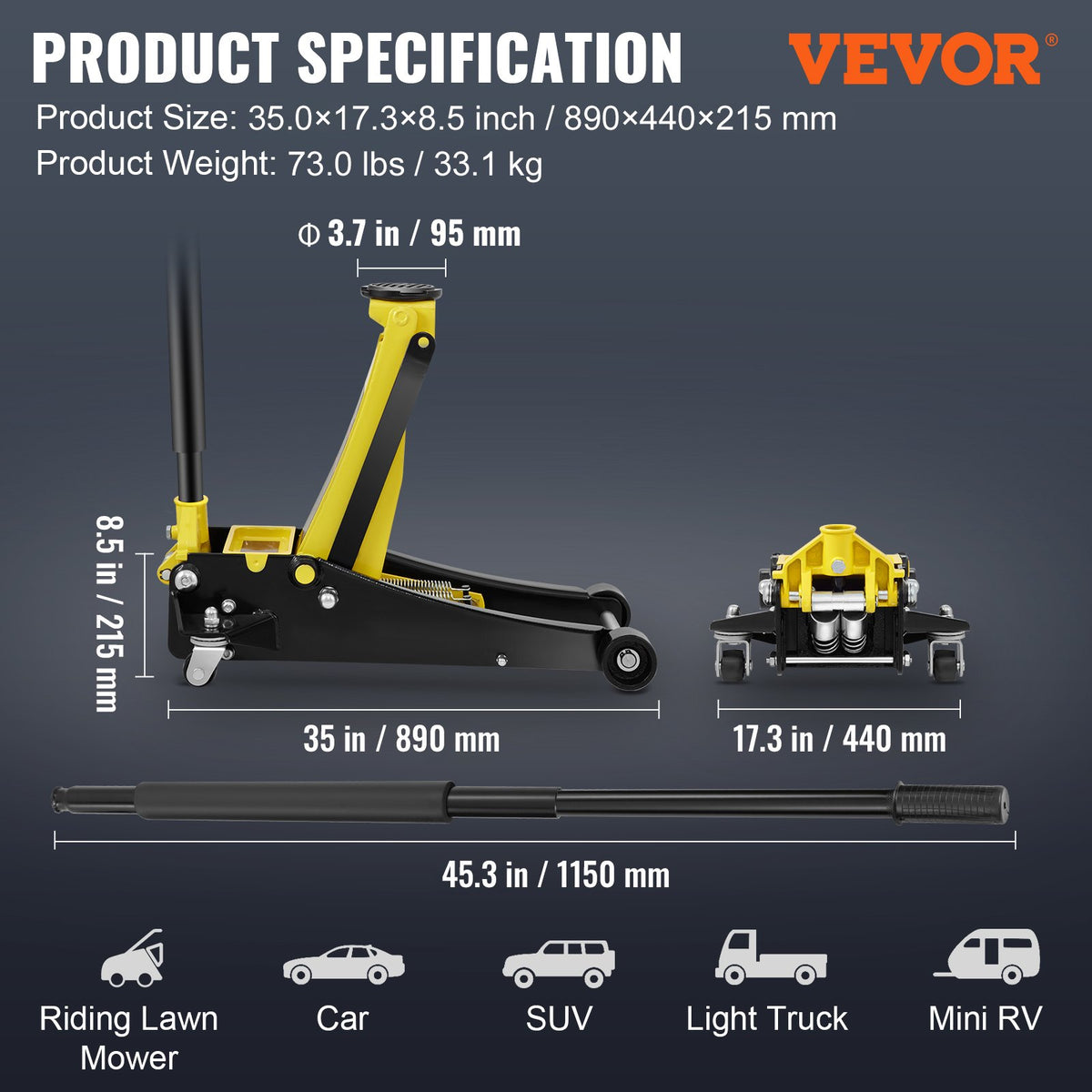 Low-profile floor jack 3 t, steel, dual-piston hydraulic pump