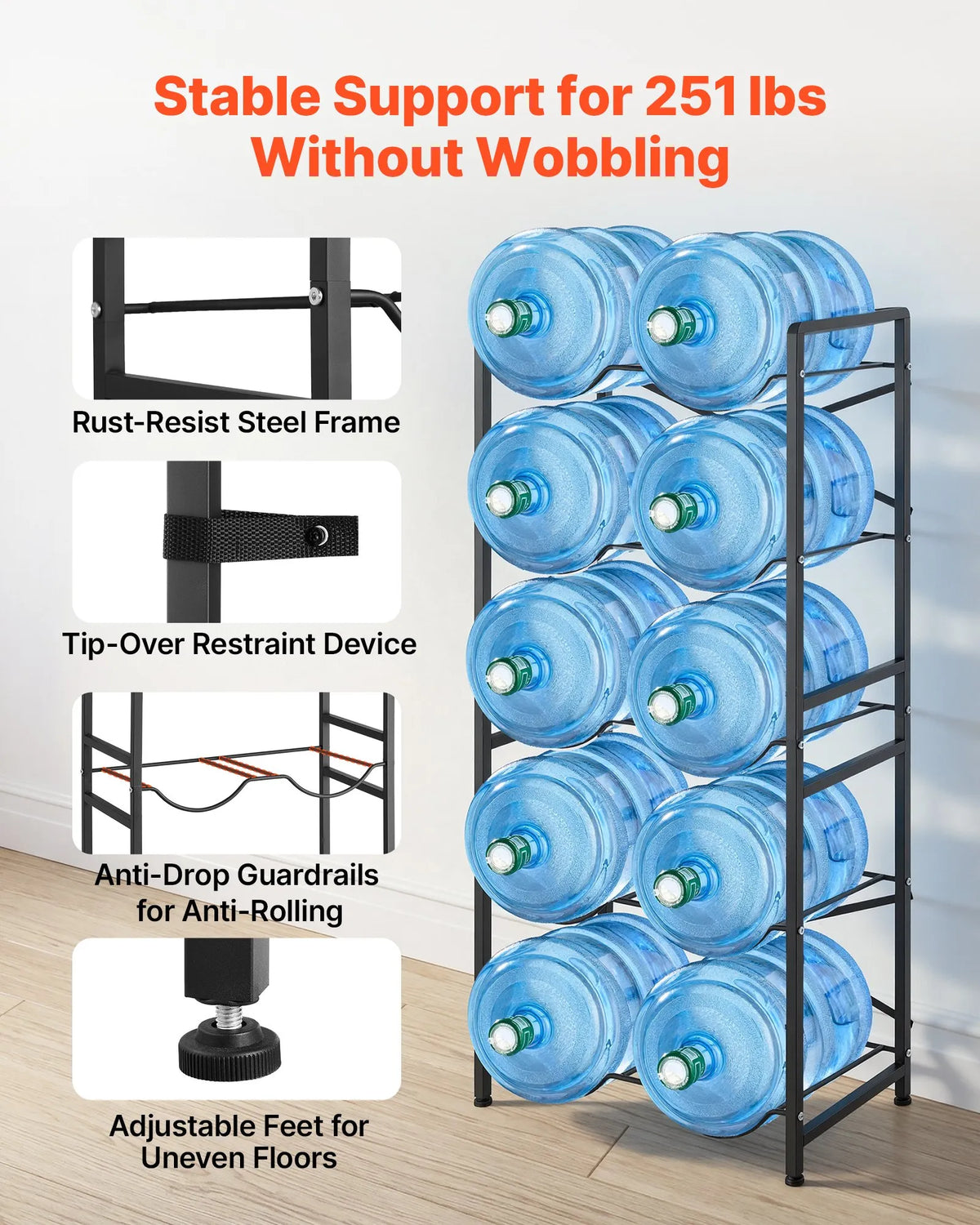 VEVOR Water Bottle Rack for 10 Bottles, 5 Tiers, 2 Rows, for 11 and 19 L Bottles, with Handles, Black