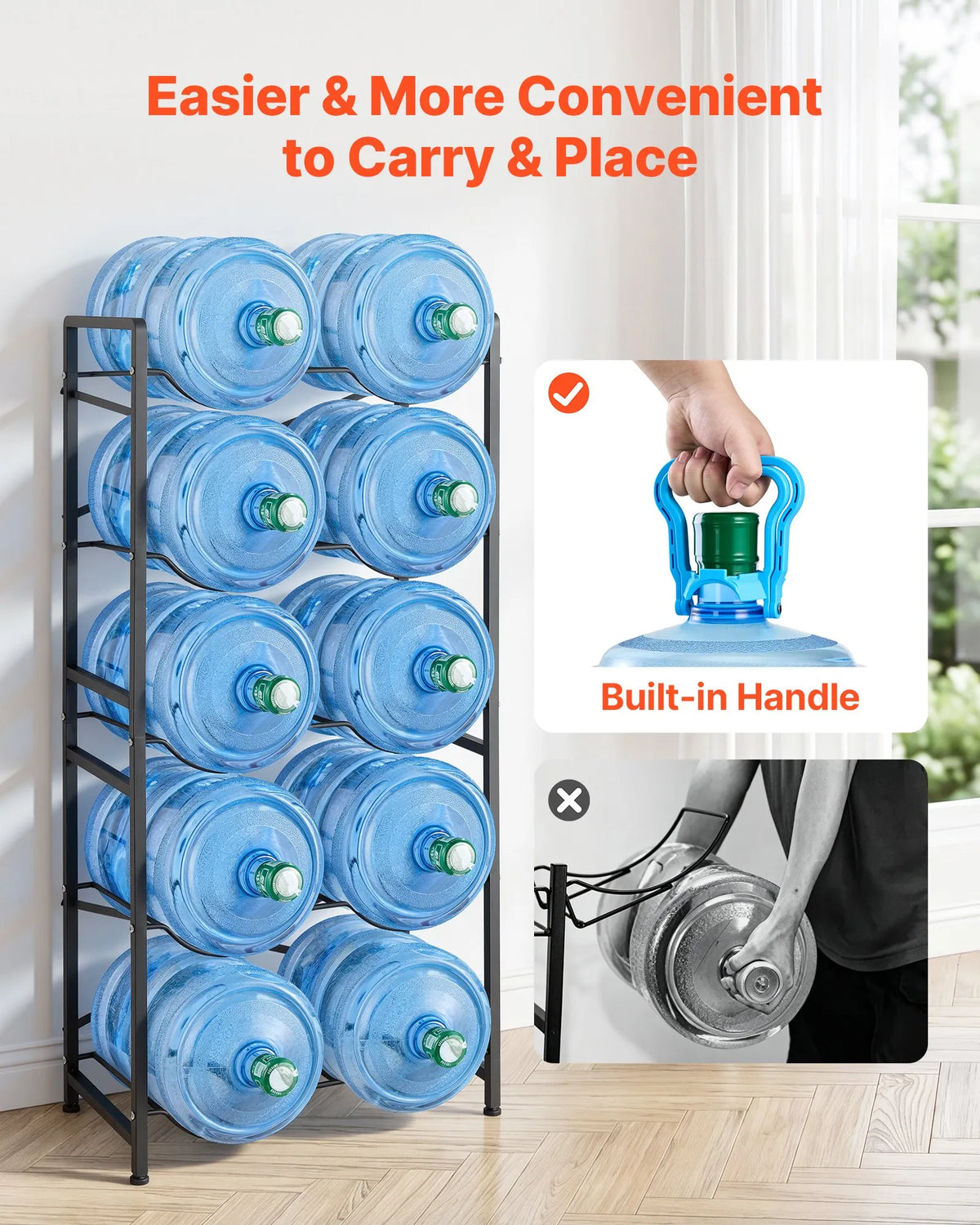 VEVOR Water Bottle Rack for 10 Bottles, 5 Tiers, 2 Rows, for 11 and 19 L Bottles, with Handles, Black