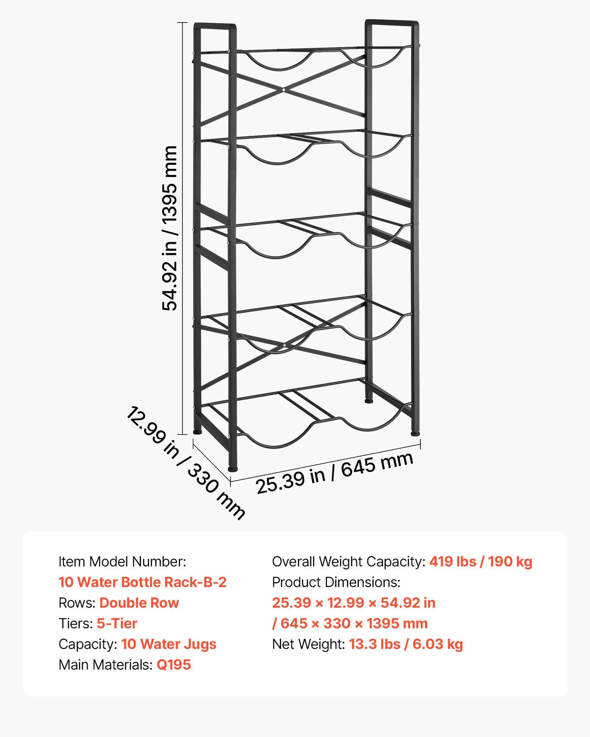 VEVOR Water Bottle Rack for 10 Bottles, 5 Tiers, 2 Rows, for 11 and 19 L Bottles, with Handles, Black
