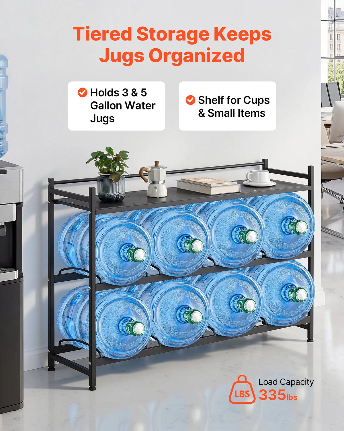 VEVOR Water Bottle Rack for 8 Bottles, 3 Tiers, 4 Rows, for 11 and 19 L Bottles, with Storage Shelf, Black