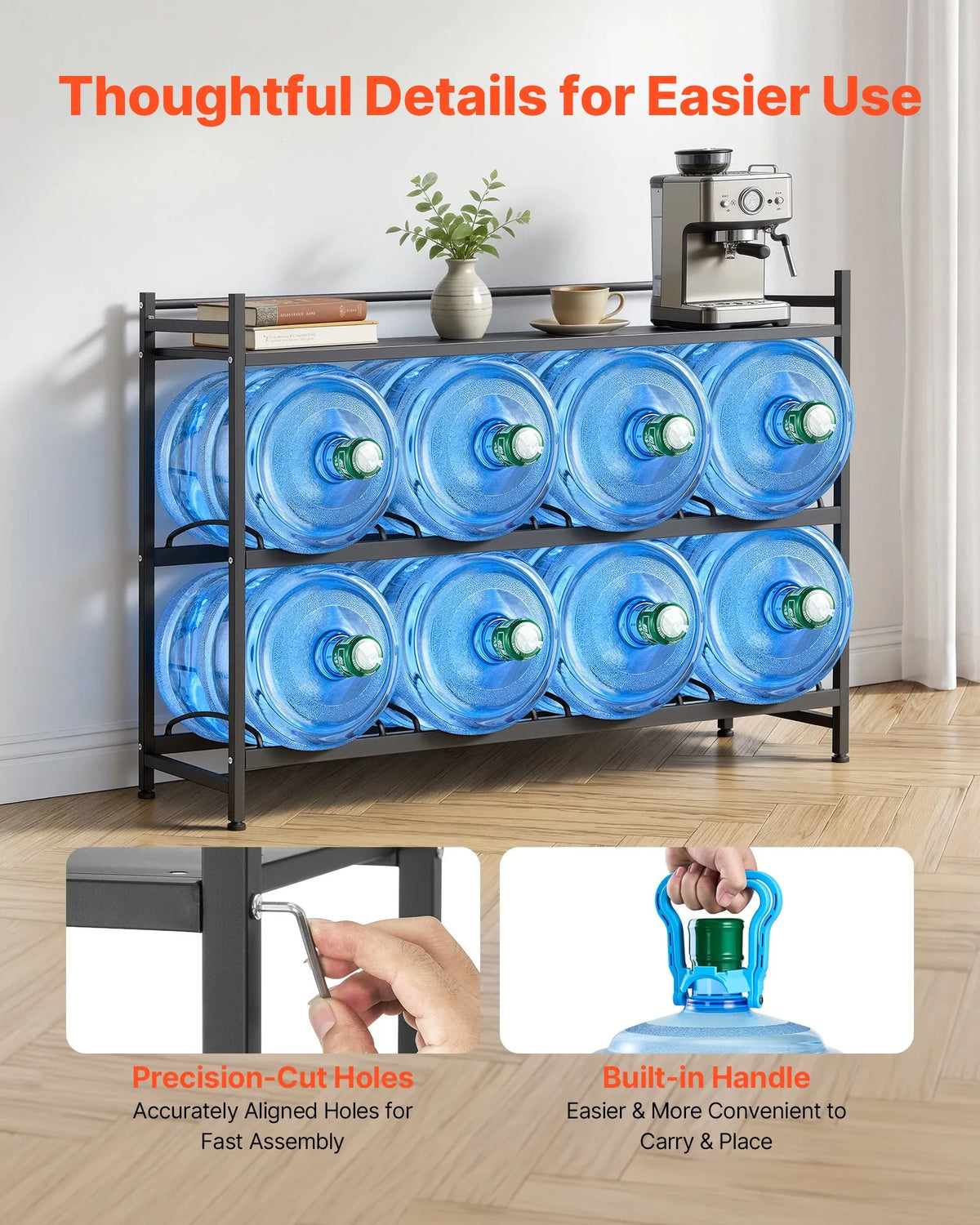 VEVOR Water Bottle Rack for 8 Bottles, 3 Tiers, 4 Rows, for 11 and 19 L Bottles, with Storage Shelf, Black