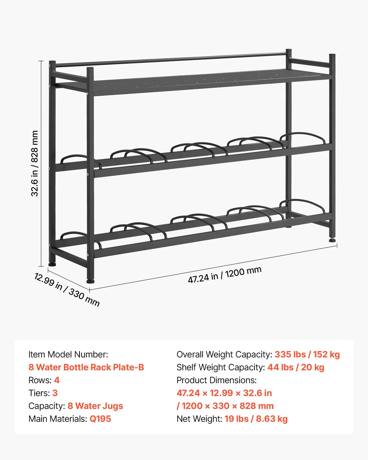 VEVOR Water Bottle Rack for 8 Bottles, 3 Tiers, 4 Rows, for 11 and 19 L Bottles, with Storage Shelf, Black
