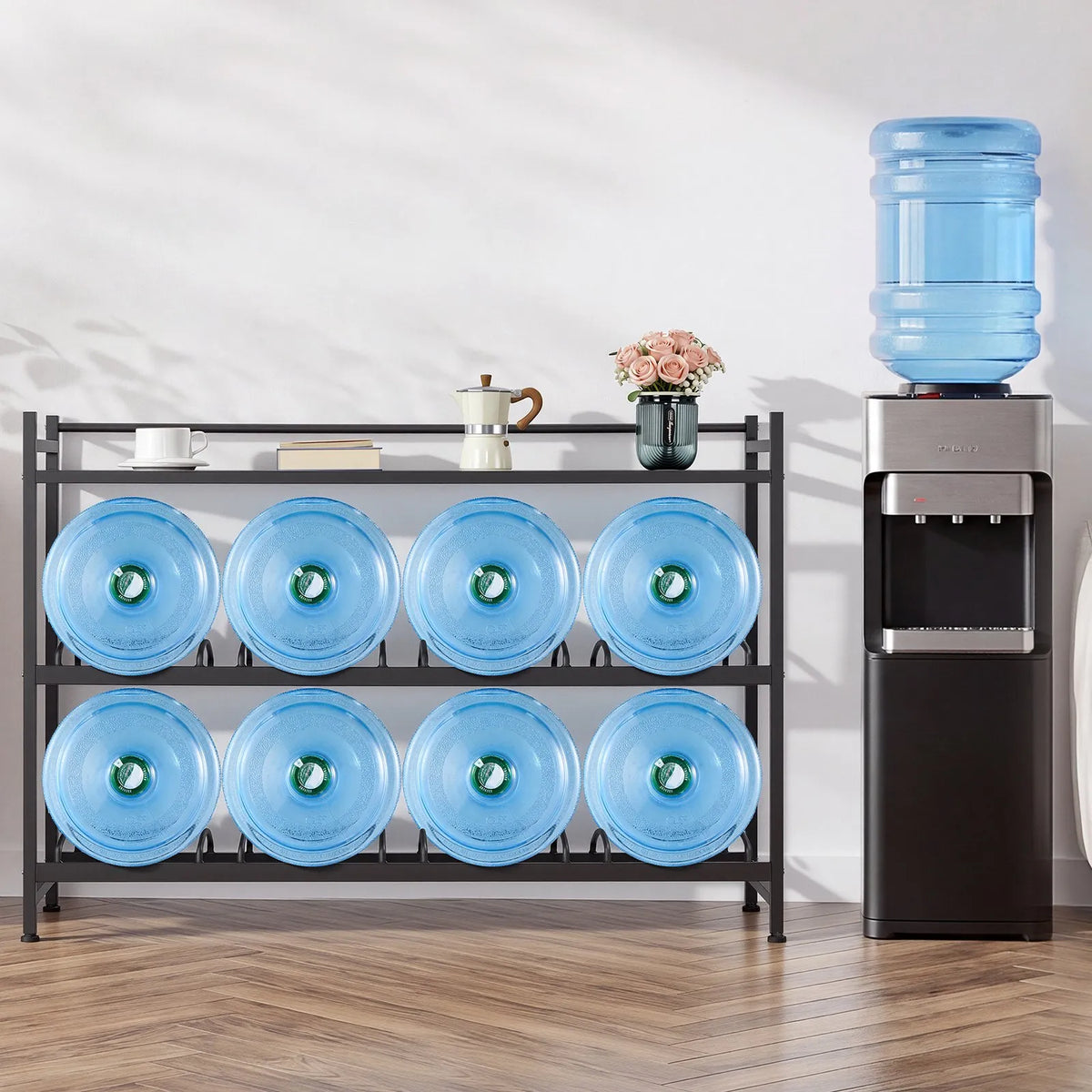 VEVOR Water Bottle Rack for 8 Bottles, 3 Tiers, 4 Rows, for 11 and 19 L Bottles, with Storage Shelf, Black