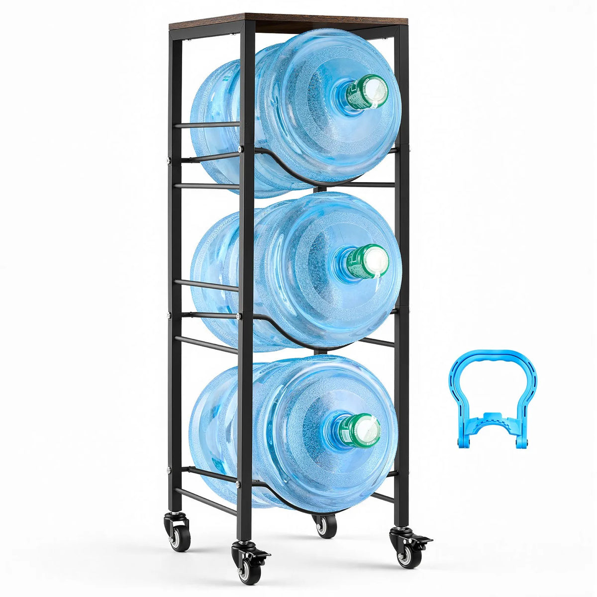VEVOR Water Bottle Rack for 3 Bottles, 4 Tiers, for 11 and 19 L Bottles, with Shelf and Casters, Black and Brown