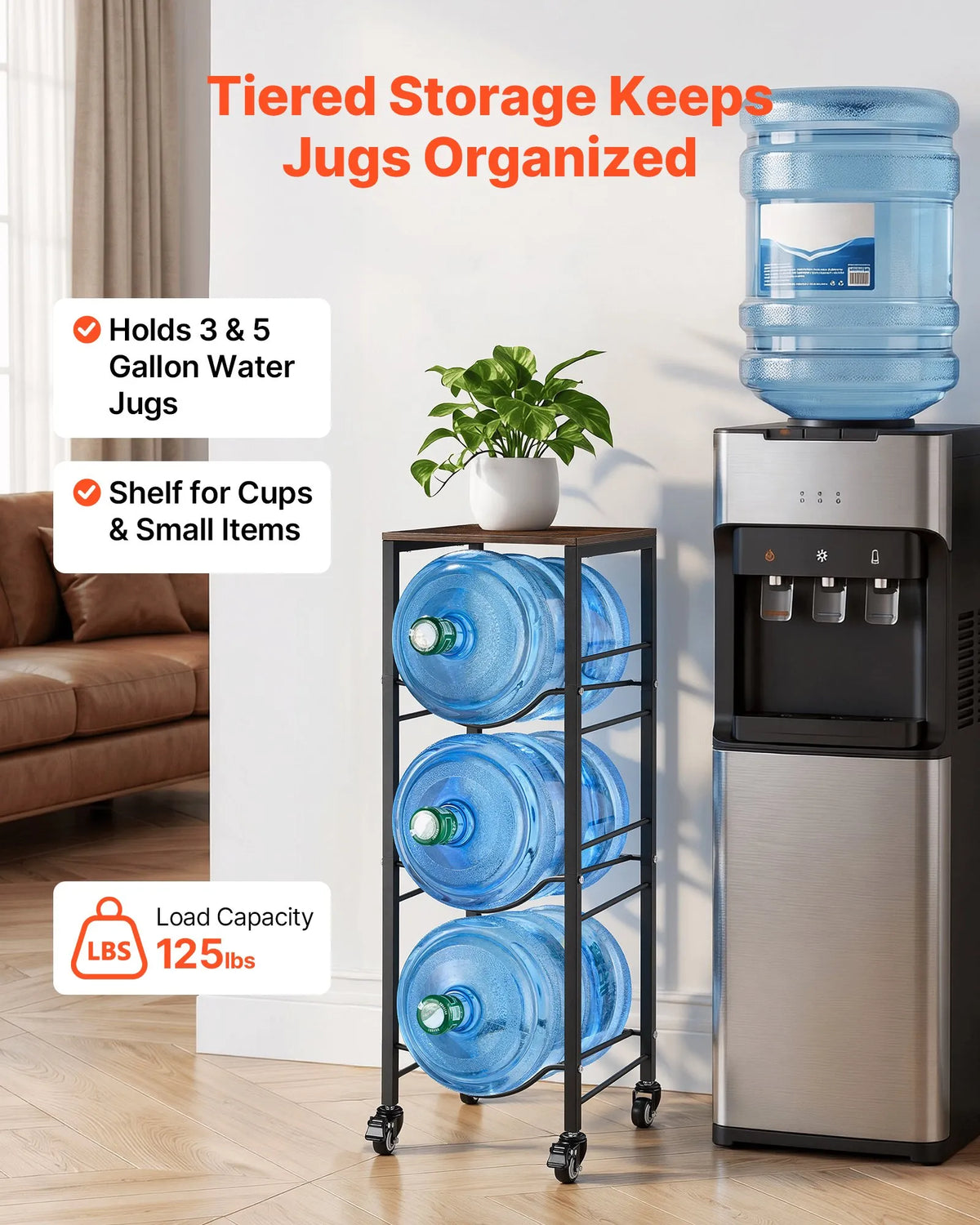 VEVOR Water Bottle Rack for 3 Bottles, 4 Tiers, for 11 and 19 L Bottles, with Shelf and Casters, Black and Brown