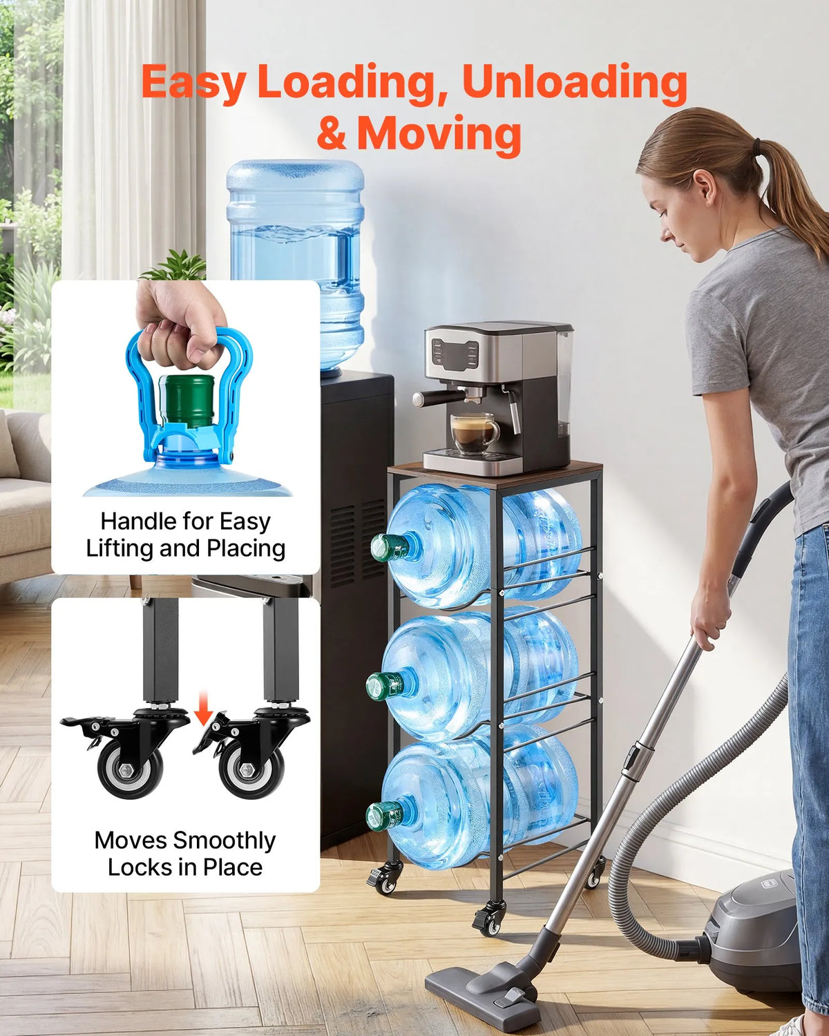 VEVOR Water Bottle Rack for 3 Bottles, 4 Tiers, for 11 and 19 L Bottles, with Shelf and Casters, Black and Brown