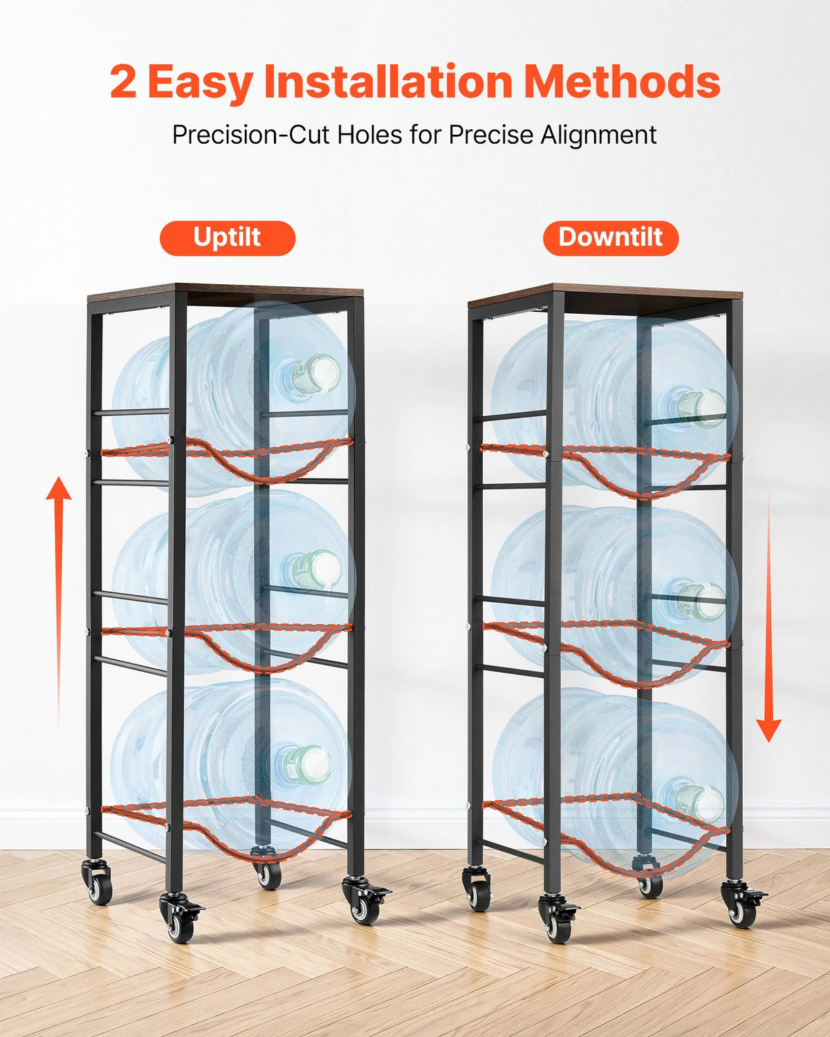VEVOR Water Bottle Rack for 3 Bottles, 4 Tiers, for 11 and 19 L Bottles, with Shelf and Casters, Black and Brown