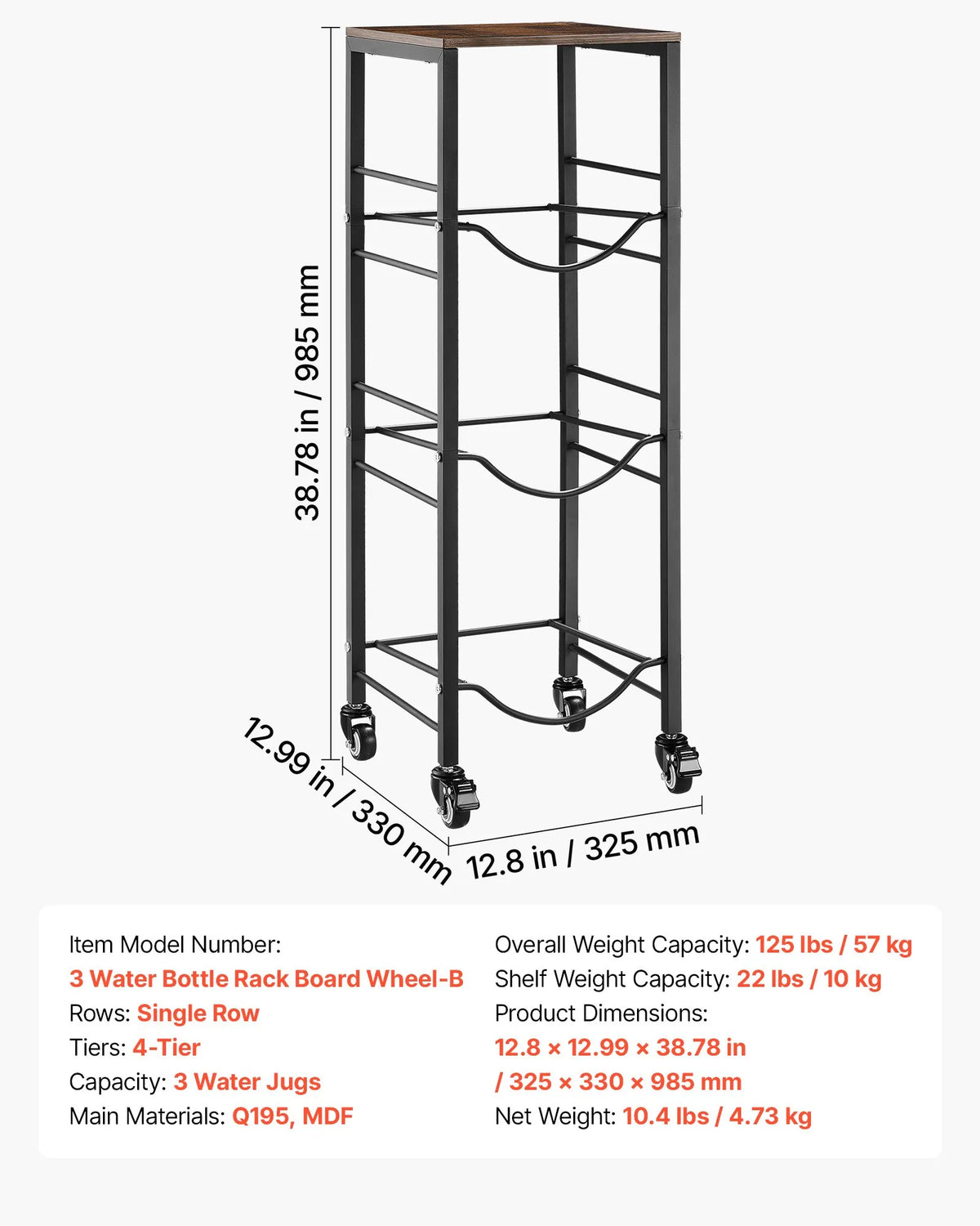 VEVOR Water Bottle Rack for 3 Bottles, 4 Tiers, for 11 and 19 L Bottles, with Shelf and Casters, Black and Brown