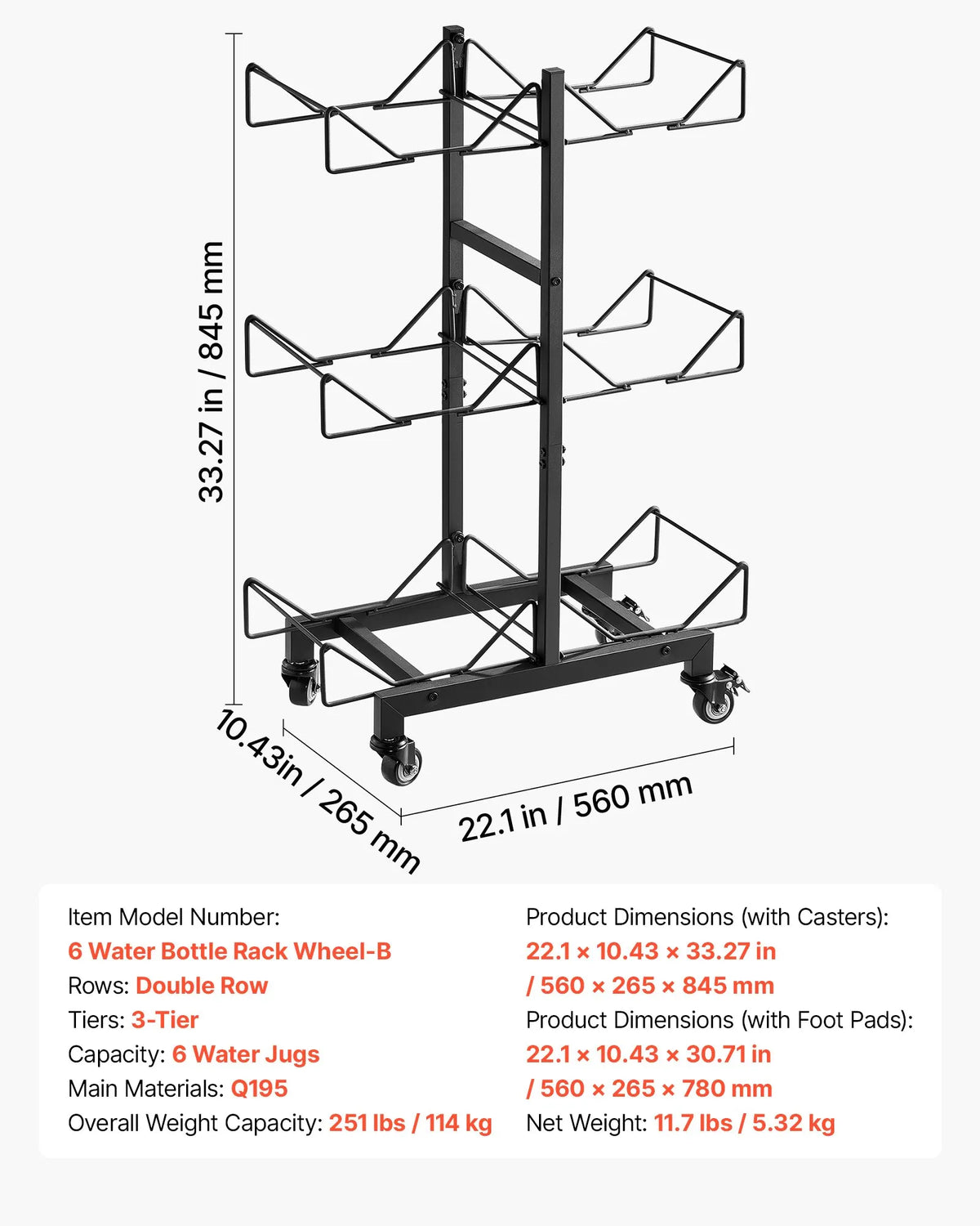 VEVOR Foldable Water Bottle Rack for 6 Bottles, 3 Tiers, 2 Rows, for 11 and 19 L Bottles, with Wheels and Handles, Black