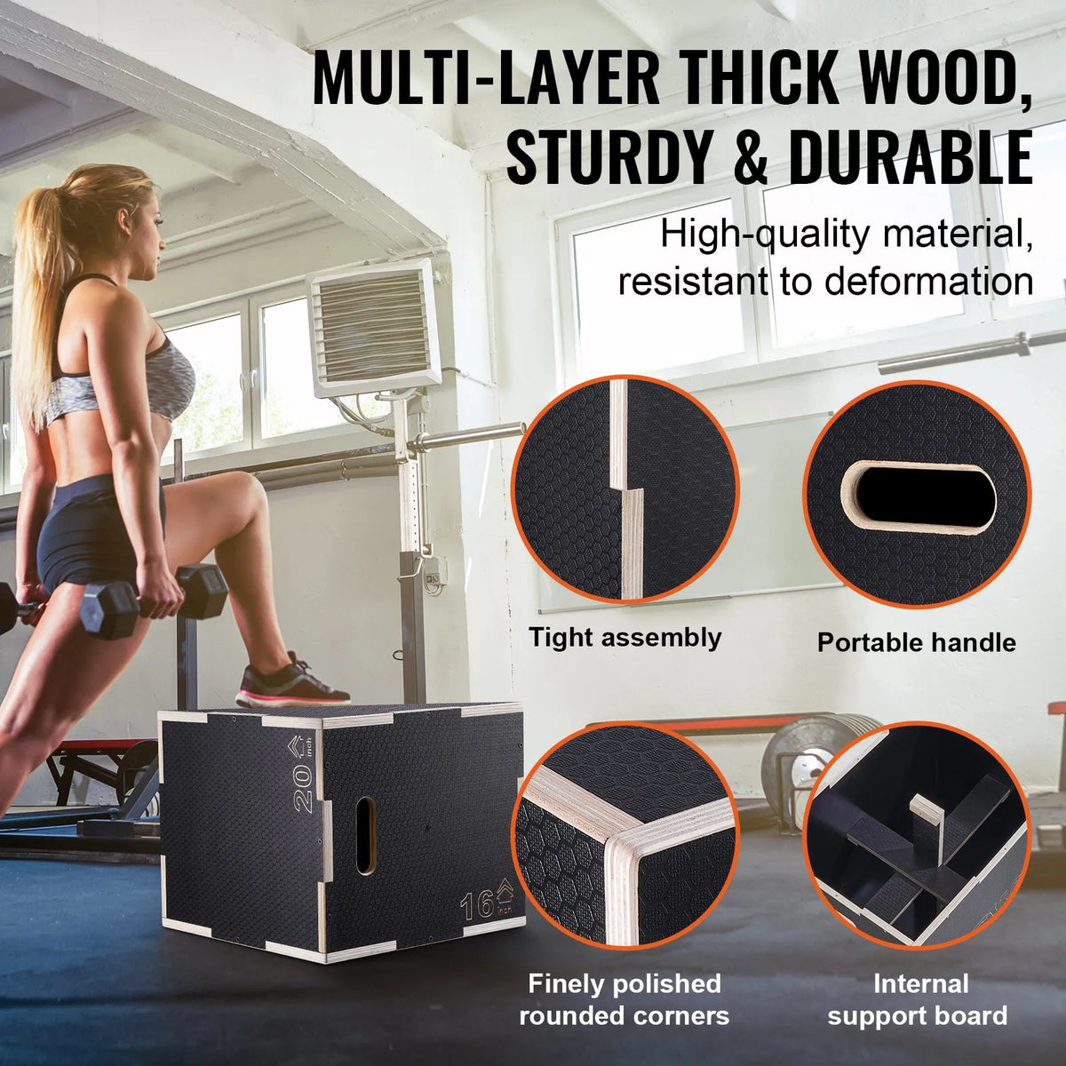 VEVOR Wooden Plyometric Box 3 in 1 51/46/41 cm with Non-Slip Surface, Black