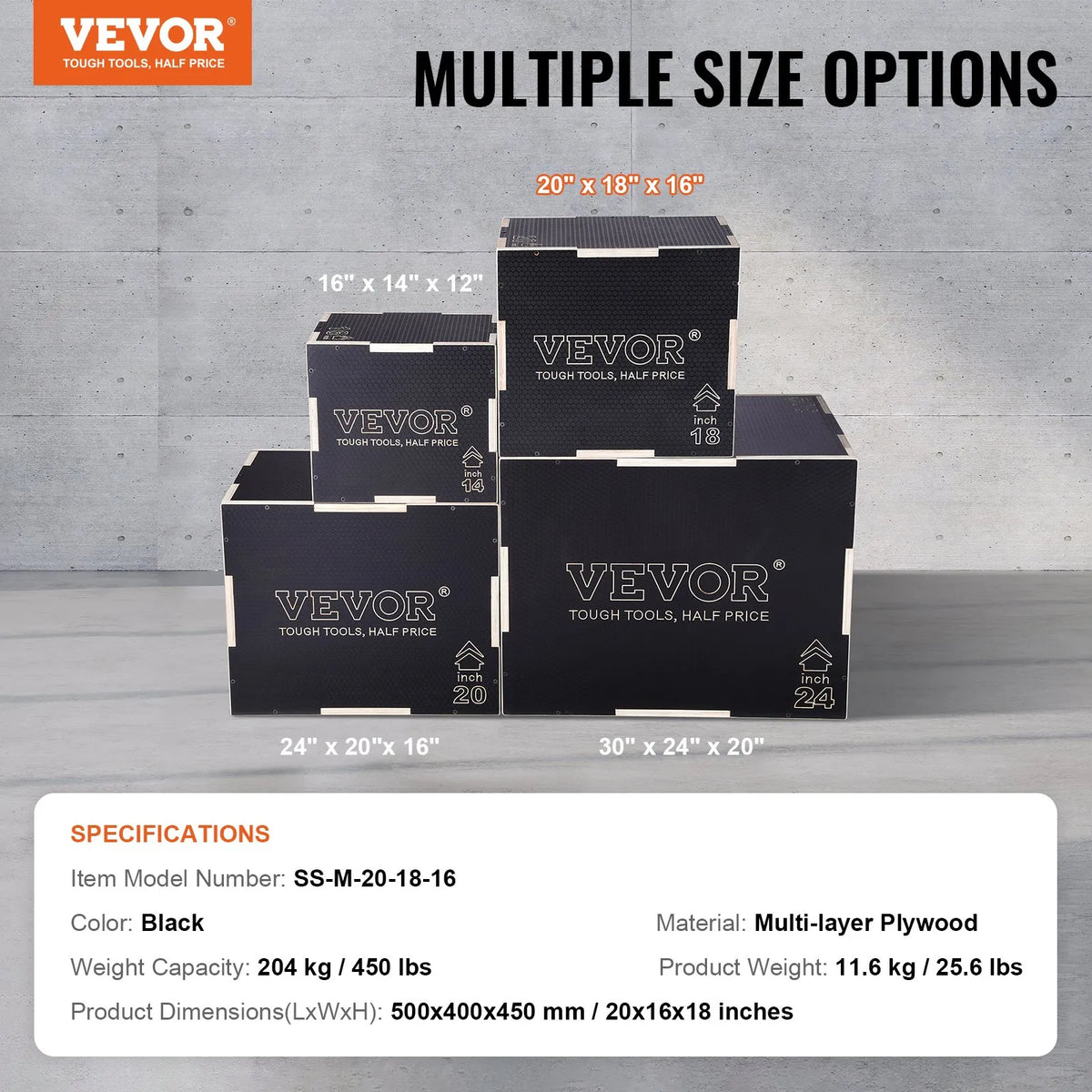 VEVOR Wooden Plyometric Box 3 in 1 51/46/41 cm with Non-Slip Surface, Black
