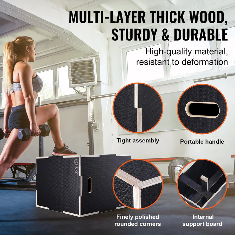 3-in-1 plyometriskā lēcienu kaste 76/61/51 cm, koka neslīdoša platforma mājas treniņiem, melna