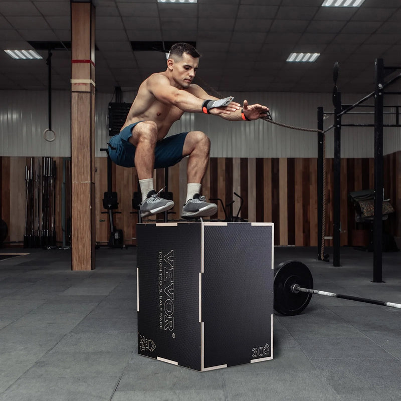 3-in-1 plyometriskā lēcienu kaste 76/61/51 cm, koka neslīdoša platforma mājas treniņiem, melna